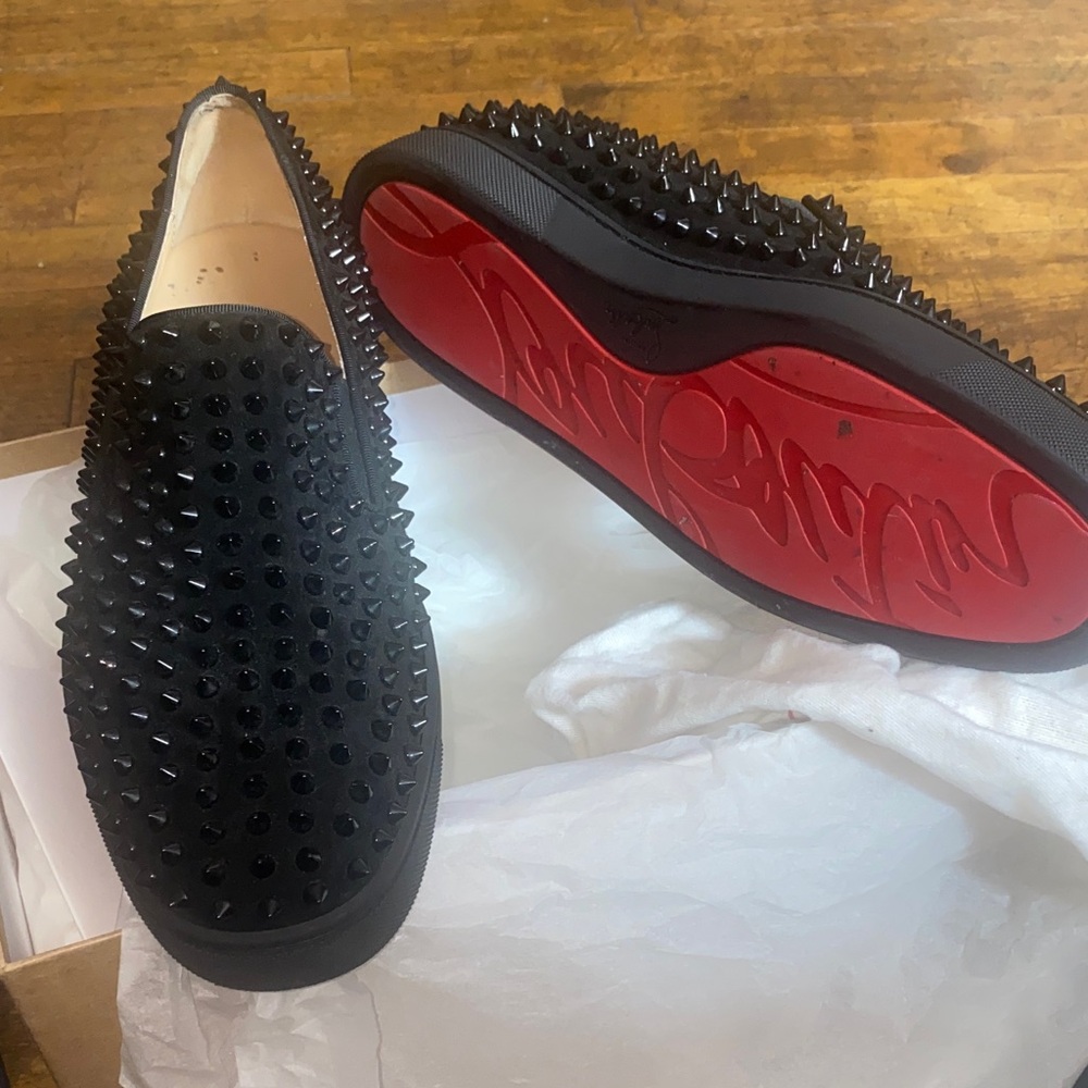 Christian Louboutin Black and Red Spiked Loafers